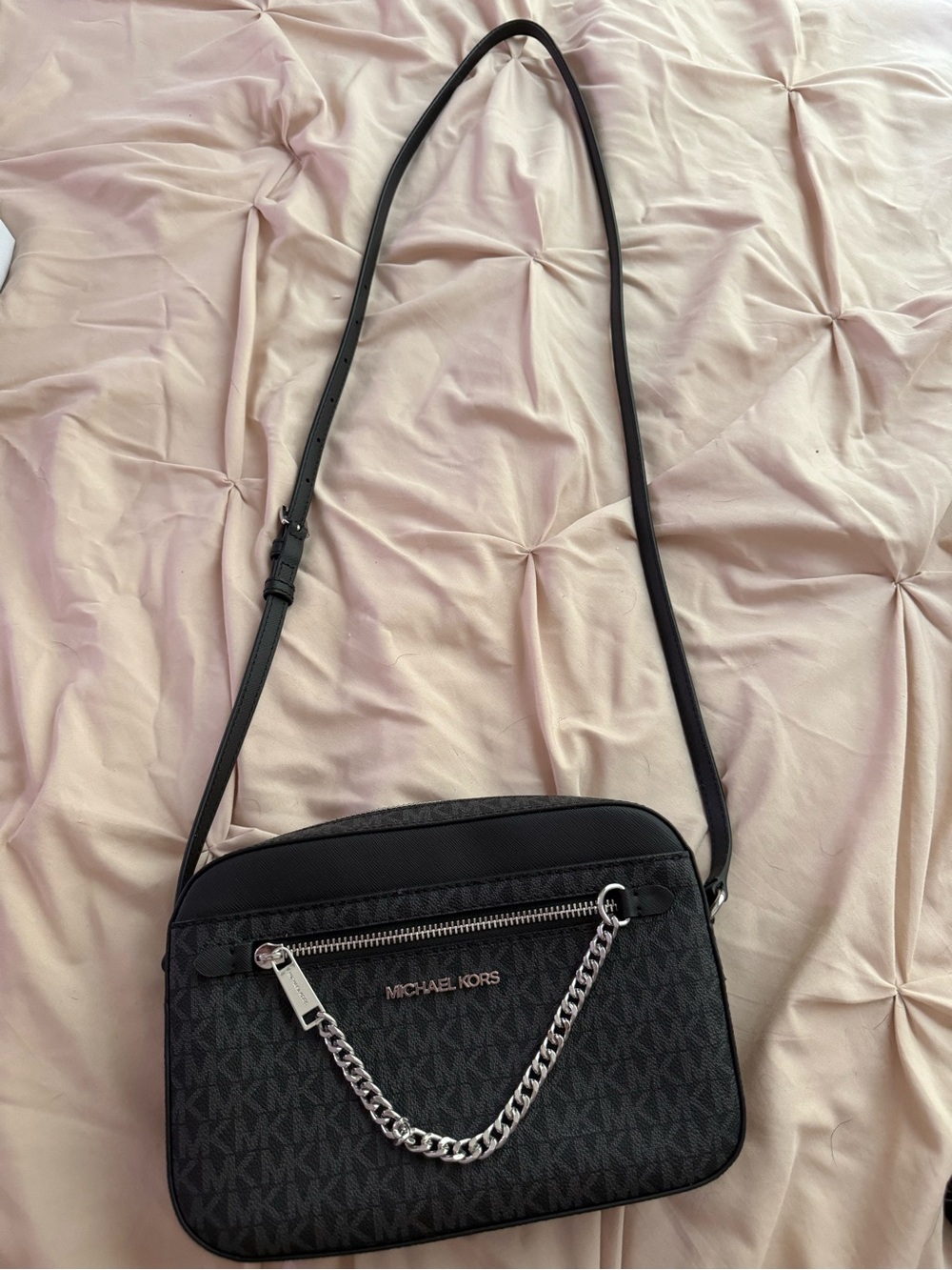 Michael Kors Black Logo Crossbody Bag with Silver Chain